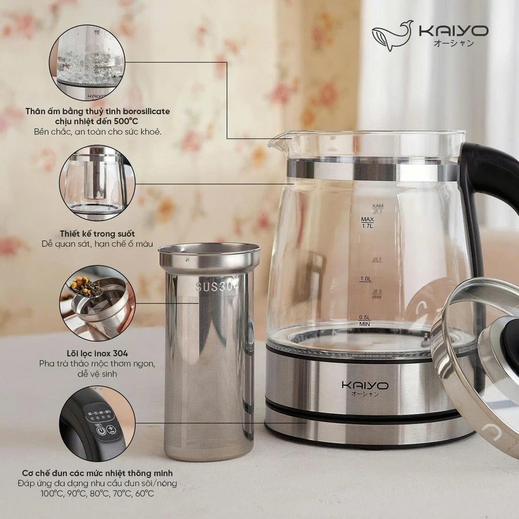 Ấm siêu tốc Kaiyo thuỷ tinh kèm lõi lọc trà 1.7L (KEK-062)