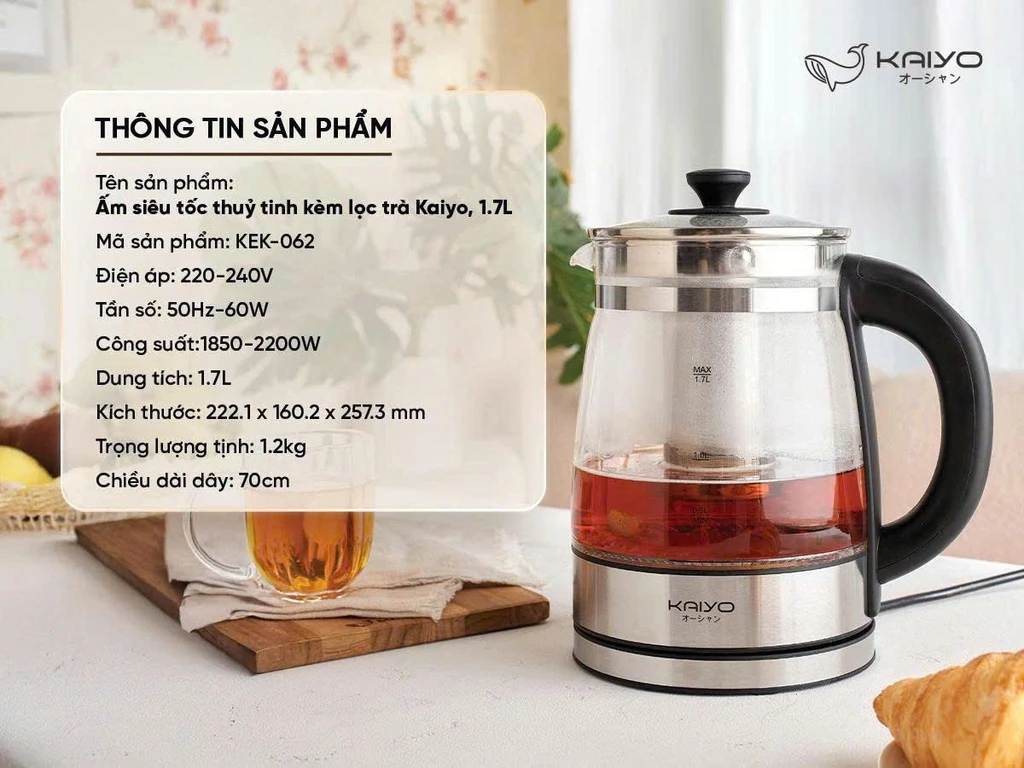Ấm siêu tốc Kaiyo thuỷ tinh kèm lõi lọc trà 1.7L (KEK-062)