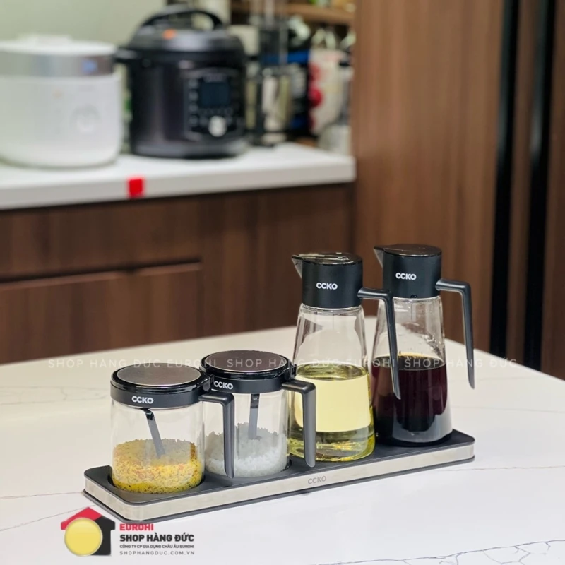 Set 2 hộp đựng gia vị + 2 chai dầu dấm CCKO thuỷ tinh 2 lớp