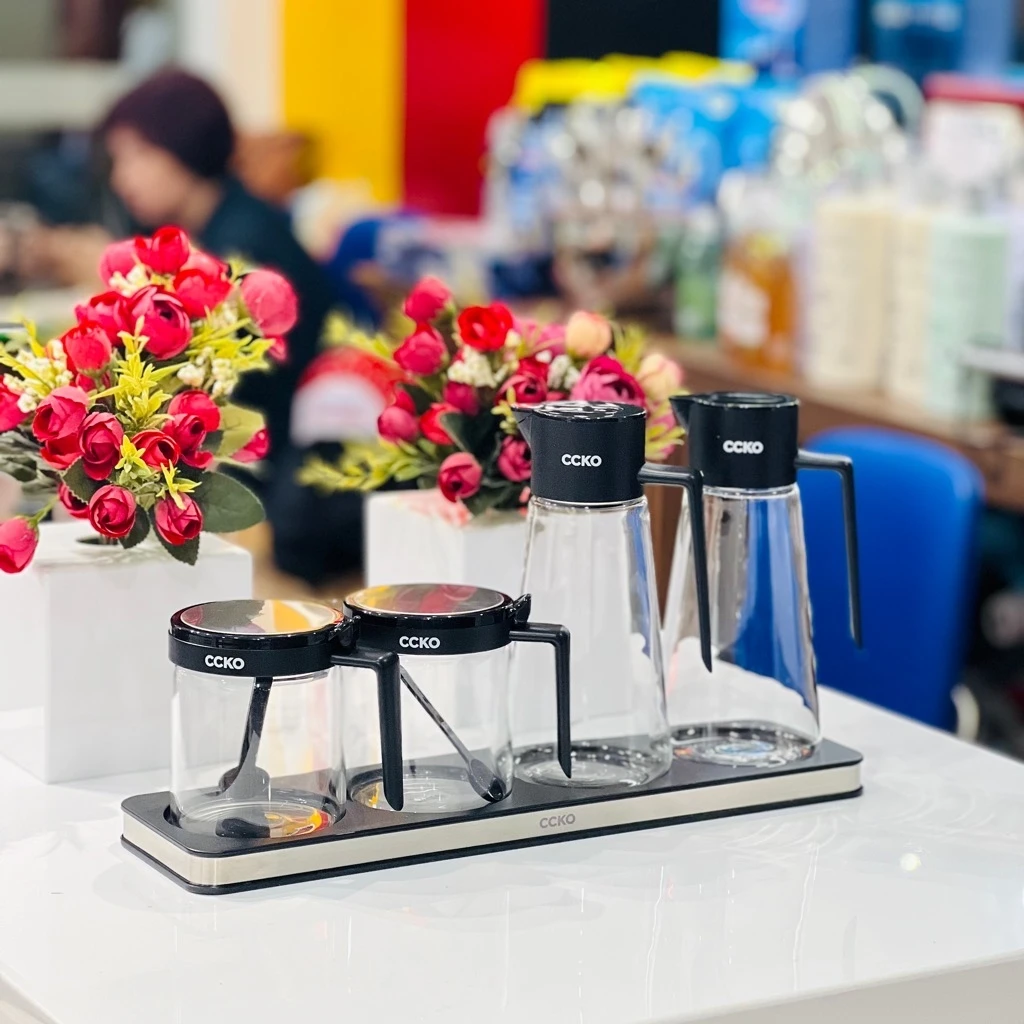 Set 2 hộp đựng gia vị + 2 chai dầu dấm CCKO thuỷ tinh 2 lớp