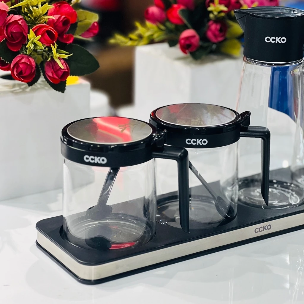 Set 2 hộp đựng gia vị + 2 chai dầu dấm CCKO thuỷ tinh 2 lớp