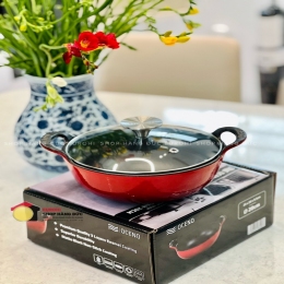 Chảo gang đúc Oceno 20cm sâu lòng màu đỏ (có nắp)