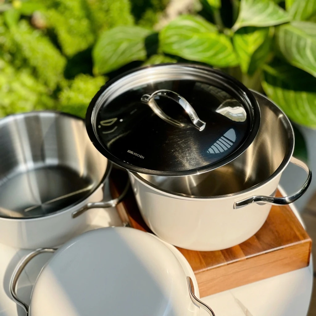 Bộ nồi chảo inox 5 lớp nguyên khối Edelkochen Chak Chak collection 20cm - màu Eco Cream