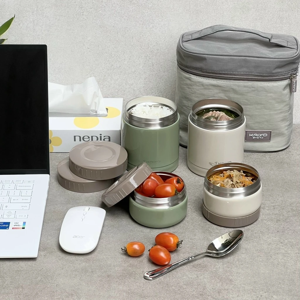 Set 4 hộp cơm giữ nhiệt Kaiyo 1200ml màu be và xanh oliu