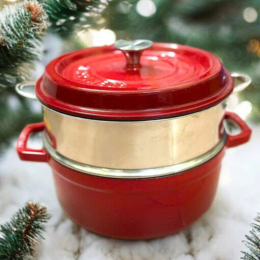 Nồi gang đỏ 27cm Happiness – tặng kèm xửng hấp chính hãng