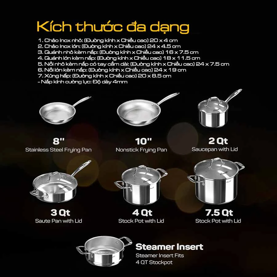 Bộ nồi inox cao cấp Ciwete 7 món (2 chảo chống dính)
