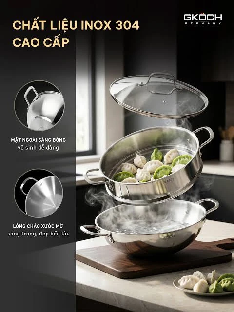    	 CHẢO WOK KÈM XỬNG HẤP GKÖCH 32cm