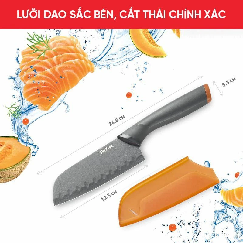 Dao làm bếp phủ Titanium bản lớn Santoku Tefal Fresh Kitchen 12cm